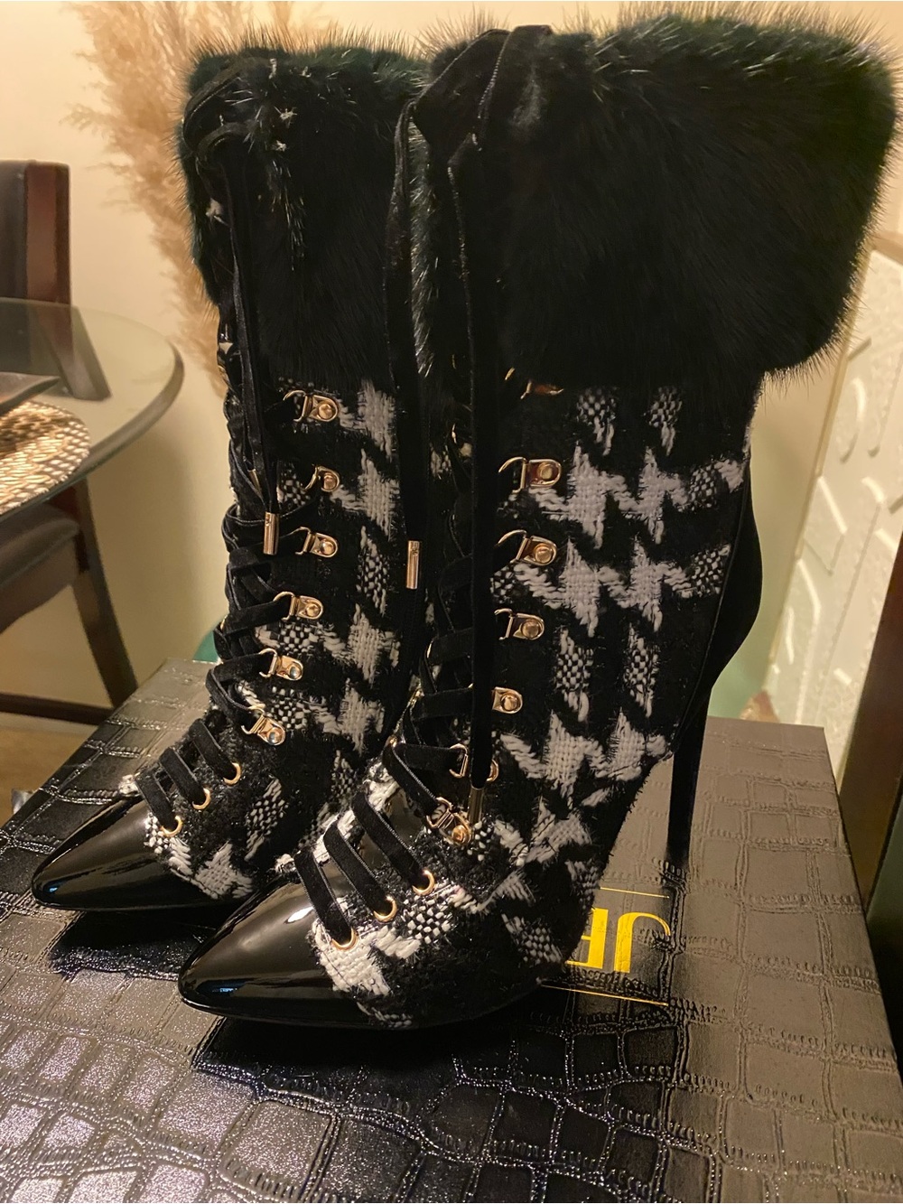 Black & White Houndstooth Fur-Trim Lace-Up Stiletto Boots